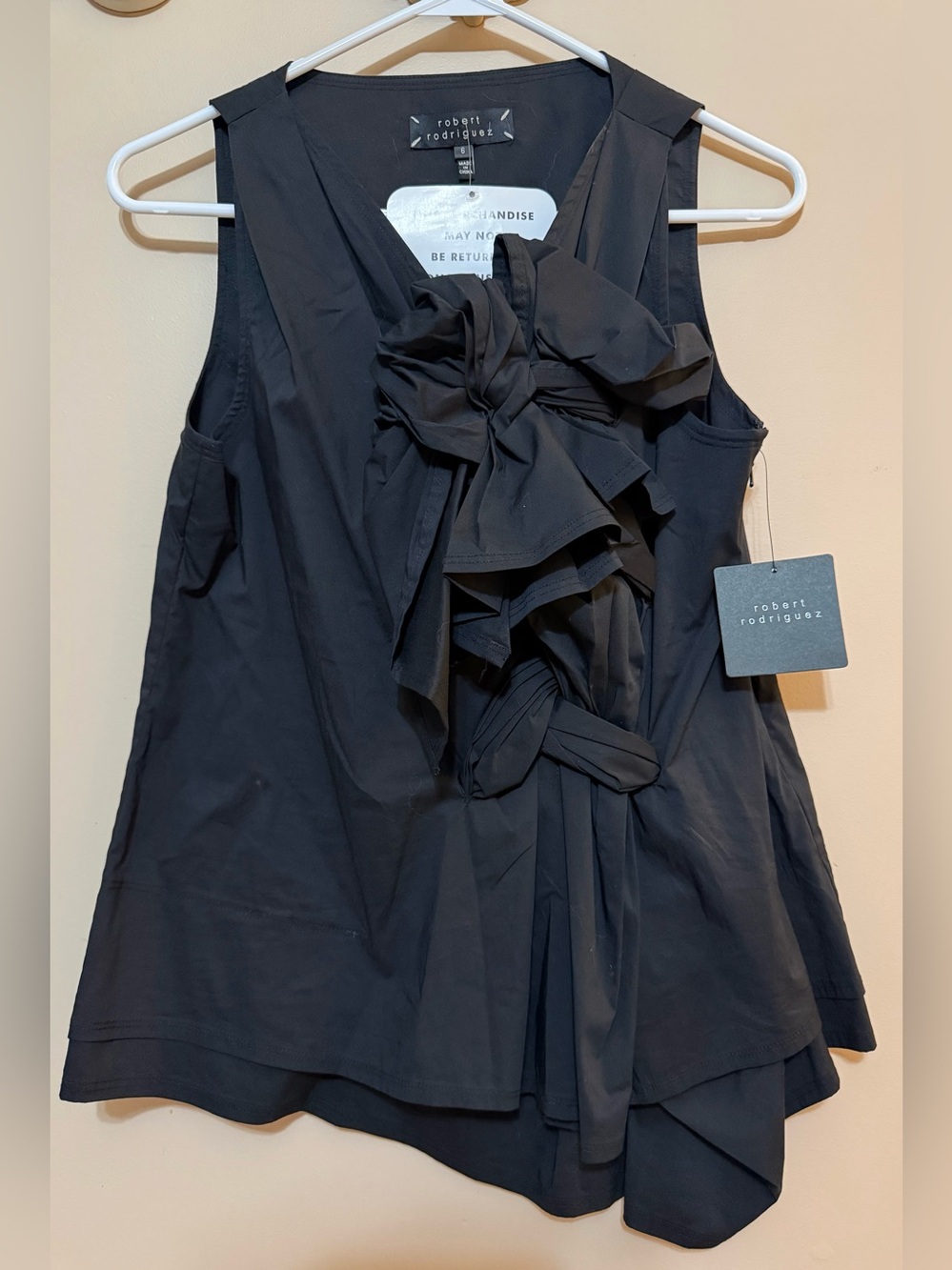 NWT Robert Rodriguez Black Sleeveless Ruffle Front Bow Braided Top Sz 6